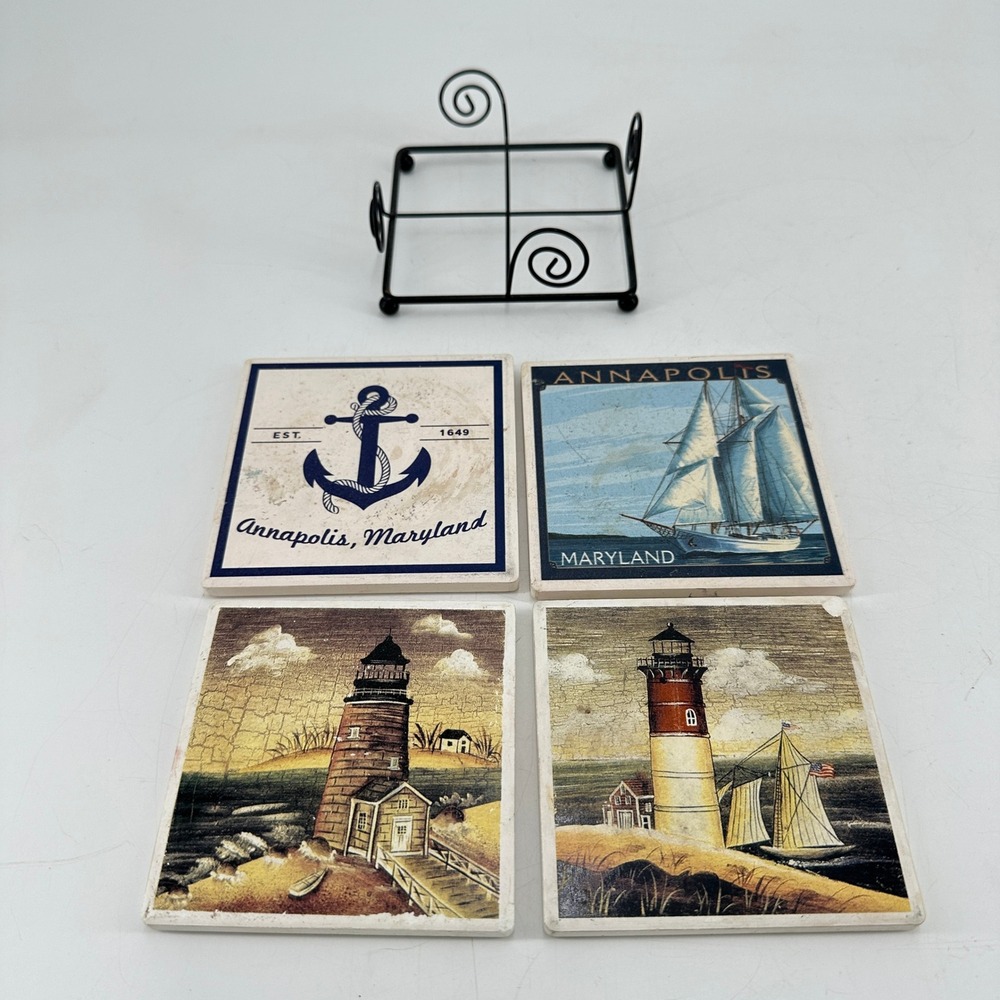 Annapolis Maryland Nautical Coaster Set of 4 Ceramic Lighthouse Sailboat Anchor